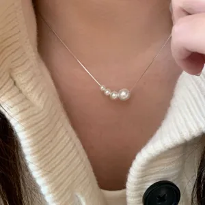 Collier de Perles en Argent Sterling S925 Français pour Femmes Chaîne de Clavicule Ajustable Minimaliste Bijoux en Perles Artificielles