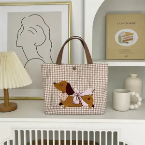 Brauner Karomuster Canvas Shopper mit süßem Dackel und rosafarbener Schleife für Damen.