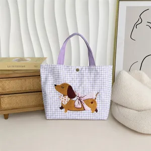Lila karierte Canvas Tragetasche mit süßer Dackel Stickerei, große tägliche Handtasche.