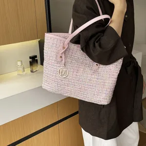 Roze tweed tote tas voor dames, stijlvolle grote schoudertas voor dagelijks gebruik.
