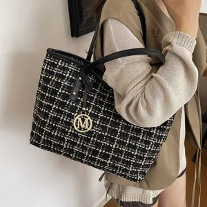 Stijlvolle dames tweed shopper tas zwart wit ruit schoudertas grote capaciteit handtas