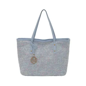 Lichtblauwe tweed tote tas voor vrouwen, stijlvolle schoudertas met PU-lederen handvatten en bedel.