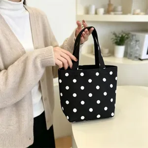Black canvas polka dot mini tote bag for women, stylish casual portable lunch bento bag.