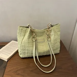 Mode Vrouwen Grote Capaciteit Tweed Tote Bag Met Metalen Ketting PU Lederen Band Casual Forenzen Schouder Oksel Tas