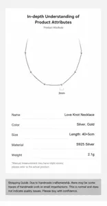 Collier coeur minimaliste en argent S925 detail et tableau des tailles specifications.
