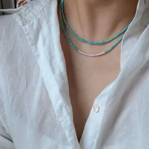 Silberne Türkis Perlen Halskette minimalistischer mintgrüner Schmuck Layering Look