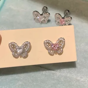 S925 Silber Schmetterling Ohrstecker mit glänzenden Zirkonia rosa Herzsteinen für Damen