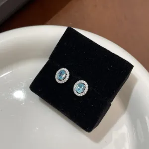 S925 Silber ovale blaue Zirkon Ohrringe, Detailaufnahme mit funkelnden Halo-Steinen.