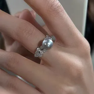 Bague Perle Grise Argent S925 Luxe Zircon Anneau De Doigt Bijou Femme Elegant Chic