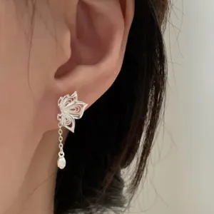 Silber hohle Schmetterling Quaste Ohrstecker, schick neuer chinesischer Stil Ohrschmuck.