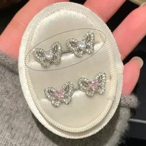 S925 Sterlingsilber Verträumte Schmetterling Ohrstecker Rosa Weiß Herz Zirkonia Süße Frische Ohrringe Für Damen Täglicher Schmuck Geschenk