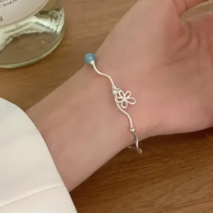 Bracelet Fleur en Argent Sterling 925 Aigue-marine Naturelle pour Femmes Style Forêt Chaîne Ondulée Perlée Bijoux Fins Cadeau