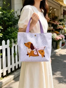 Süße Welpen bestickte karierte Leinentasche, große Kapazität lässige Handtasche für Damen.