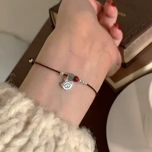 Bracelet Mouton en Argent Sterling S925 Pour Femme Avec Jade de Hetian Cinabre Corde Rouge Réglable Tissé