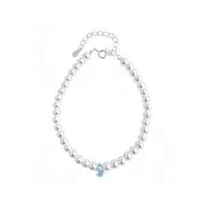 S925 Argent Bleu Goutte Pendentif Perle Bracelet Elegant Mode Femme Bijoux Tendance