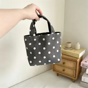 Dark grey polka dot mini canvas tote bag, simple portable hand lunch bag for women office use.