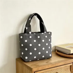 Grey polka dot canvas mini tote bag, minimalist handbag for women, cute lunch bento bag.