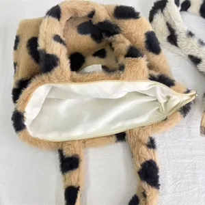Borsa a mano in peluche leopardato moda autunno inverno shopper capiente casual donna