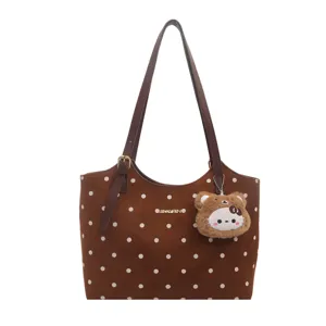 Borsa a tracolla marrone a pois in stile coreano da donna con spalline e ciondolo orsetto di peluche.