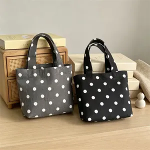 Mini polka dot canvas tote bag, cute black grey hand bag for daily commuting and lunch use.