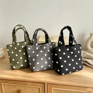 Mini canvas tote bag with polka dots, cute handbag for women, casual daily lunch bento bag.