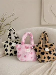 Borsa a Mano in Peluche Autunno Inverno da Donna Moda Stampa a Cuore Grande Capacità Borsa Tote Lunch Morbida Pelliccia