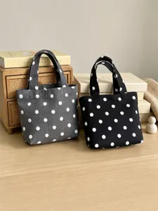 Minimalist polka dot mini canvas tote bag for women, large capacity portable lunch bag.