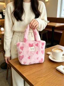 Elegante borsa a mano in peluche rosa con cuori, comoda borsa tote casual per lavoro e tempo libero.