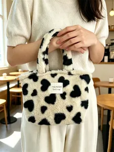 Borsa a mano invernale in peluche con stampa mucca cuore borsa casual da donna per ufficio.