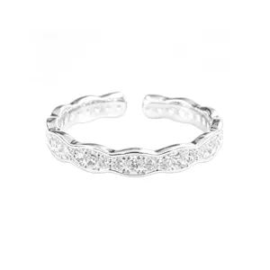 Bague ouverte pavee ondulee en argent S925, anneau zircon geometrique brillant femme.