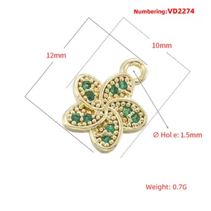 Gold plated green stone five petal flower pendant DIY charm for necklace bracelet 12x10mm