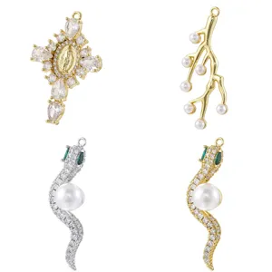 Copper rhinestone pearl snake cross pendant jewelry charm DIY accessories collection.