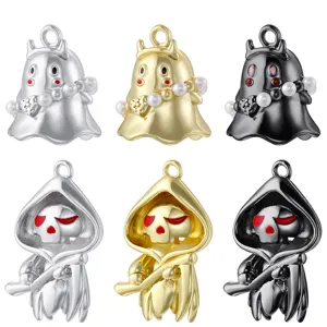 Halloween Ghost Copper Pendant Artificial Pearl Enamel Evil Devil Charm DIY Jewelry Making Accessories