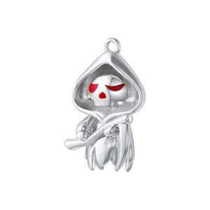 Halloween silver grim reaper ghost charm pendant DIY jewelry accessories with red enamel eyes.