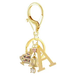 Gold letter A keychain with colorful zircon Christmas tree bell charms fashion bag pendant