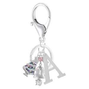 Silver tone letter A keychain with colorful stone Christmas tree and bell charms, sweet style.