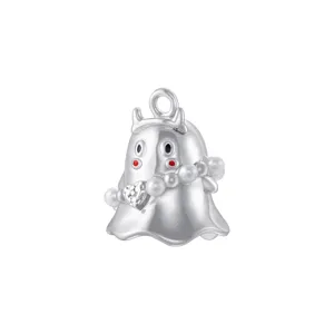 Close-up detail of silver ghost charm with pearl string, cute Halloween DIY jewelry pendant.