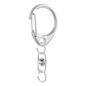Metal keychain hardware detail showing swivel D-ring clasp and jump rings for DIY crafts.