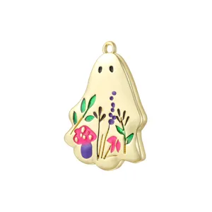 Pendentif fantôme plaqué or avec breloques émaillées de fleurs et champignons pour bijoux DIY.