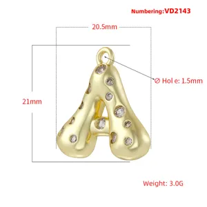 Ciondolo Lettera A Gonfia Oro Rame Zircone Bolla Charm Iniziale Gioiello Donna