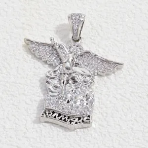 Detailed shot of copper micro-set zircon Archangel Michael pendant, exquisite silver jewelry.