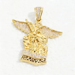 Gold Archangel Michael pendant with sparkling cubic zirconia, perfect for DIY necklaces.