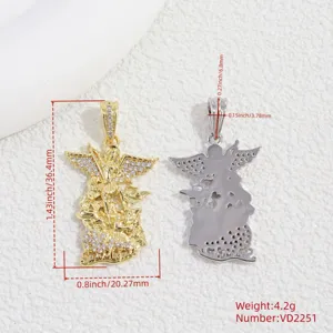 Detailed view of copper zircon Archangel Michael pendant showing exact dimensions and weight.