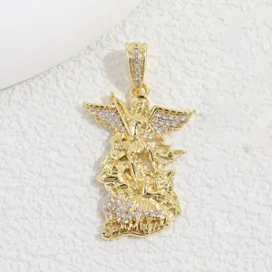 Exquisite Gold Saint Michael Angel Pendant Cubic Zirconia Copper DIY Necklace Charm