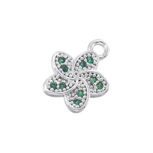 Silver plated green rhinestone five-petal flower pendant for DIY jewelry making