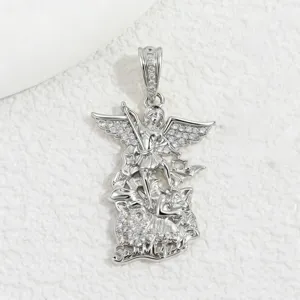 Silver plated copper cubic zirconia Archangel Michael pendant detail close-up showcase