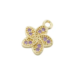 Gold plated five petal flower charm with purple cubic zirconia for DIY necklace bracelet.