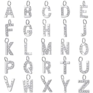 Ciondoli con lettere alfabeto in zircone argento A-Z per creazione gioielli fai da te.