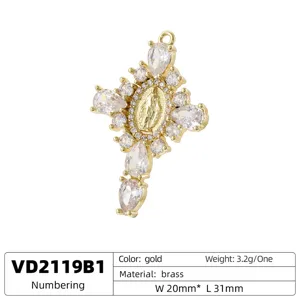 Gold brass cross pendant with white cubic zirconia and Virgin Mary figurine detail.