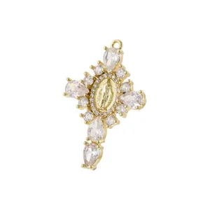 Gold-plated cross pendant with clear cubic zirconia stones and central religious motif detail.